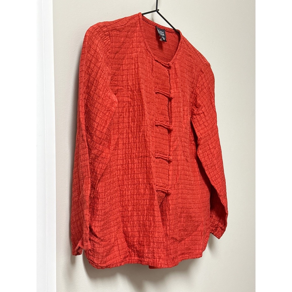Eileen Fisher Silk Linen Mandarin Collar Frog Closure Top‎ Petite PS Textured